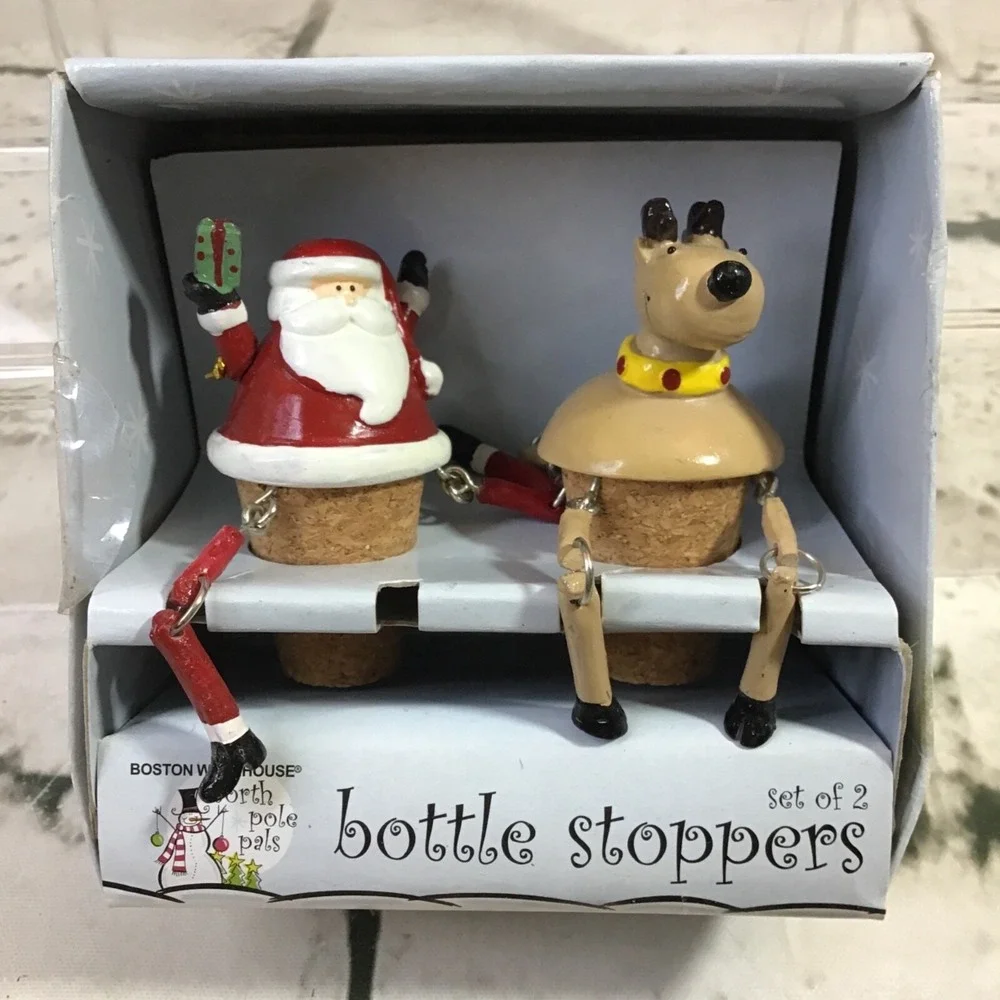North Pole Pals Santa And Reindeer Bottle Stoppers Set Holiday Decor